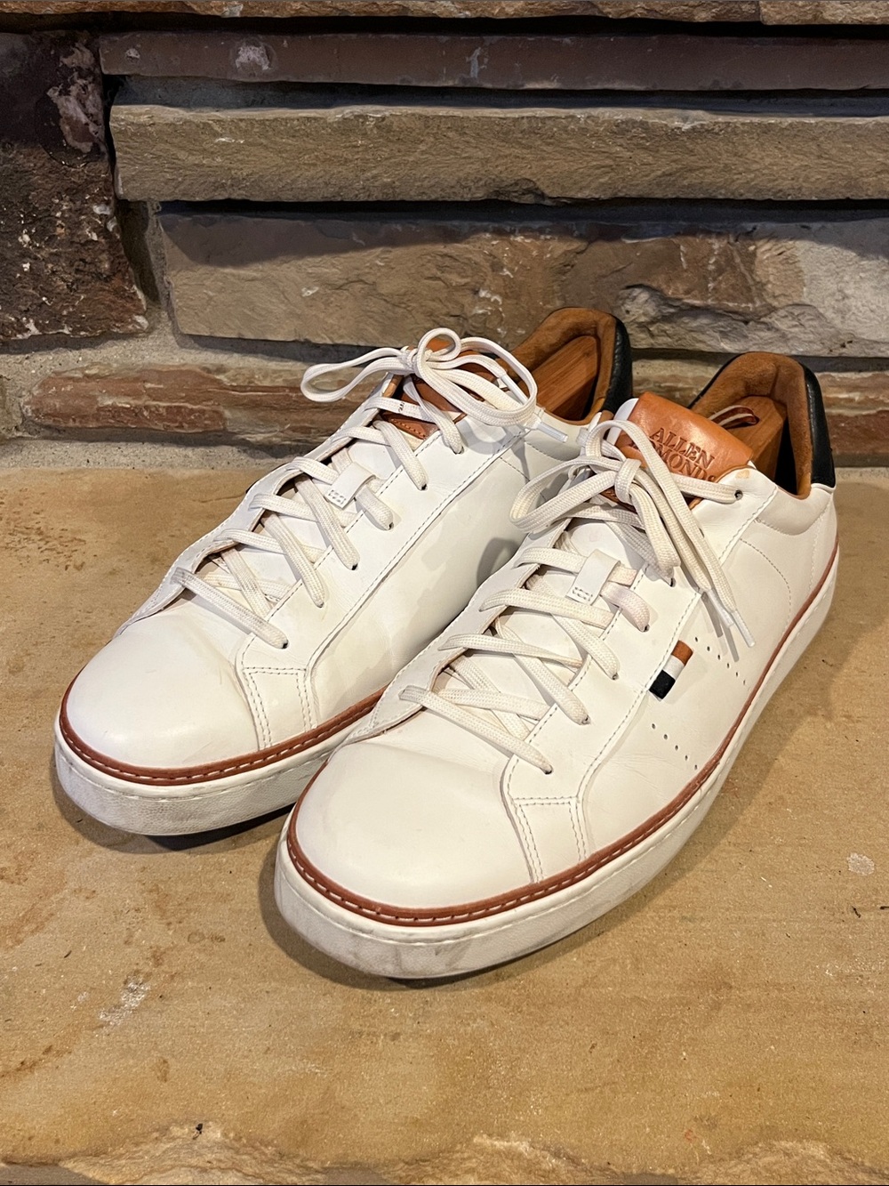Allen Edmonds Alpha White Leather Court Sneakers with Tan Accents